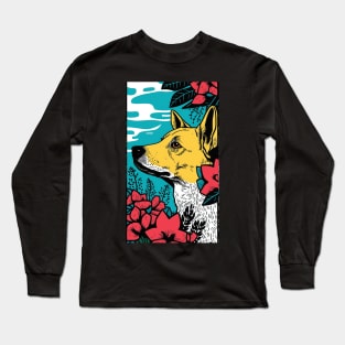 Jindo Dog Vibrant Tropical Flower Tall Retro Vintage Digital Pop Art Portrait 2 Long Sleeve T-Shirt